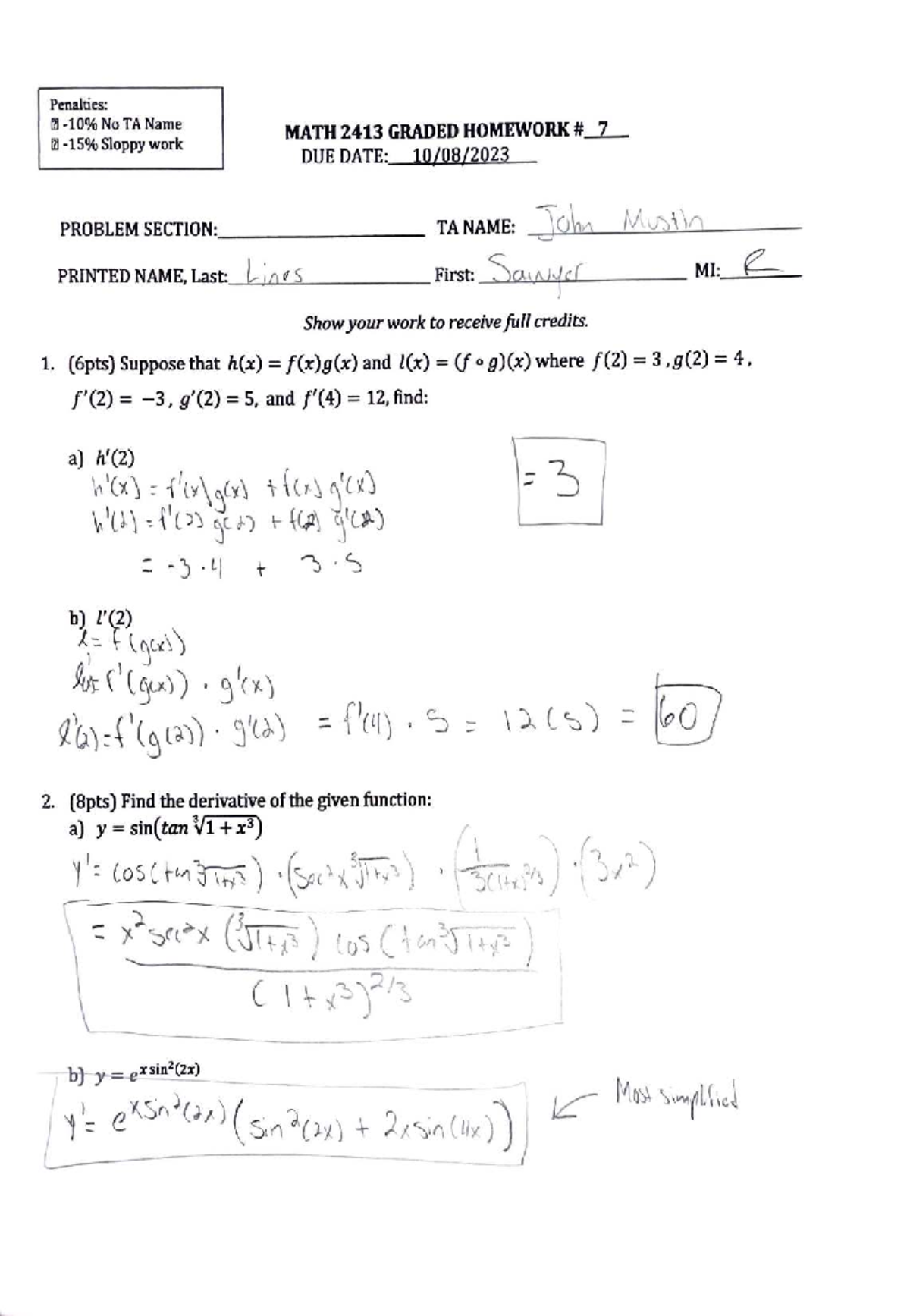 MATH 2413 GHW7: Graded Homework on Function Derivatives - Studocu