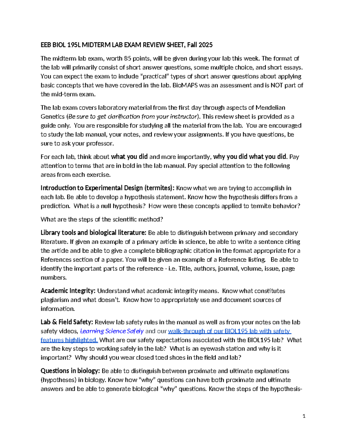 EEB BIOL 195L MIDTERM LAB EXAM REVIEW GUIDE, Fall 2025 - Studocu