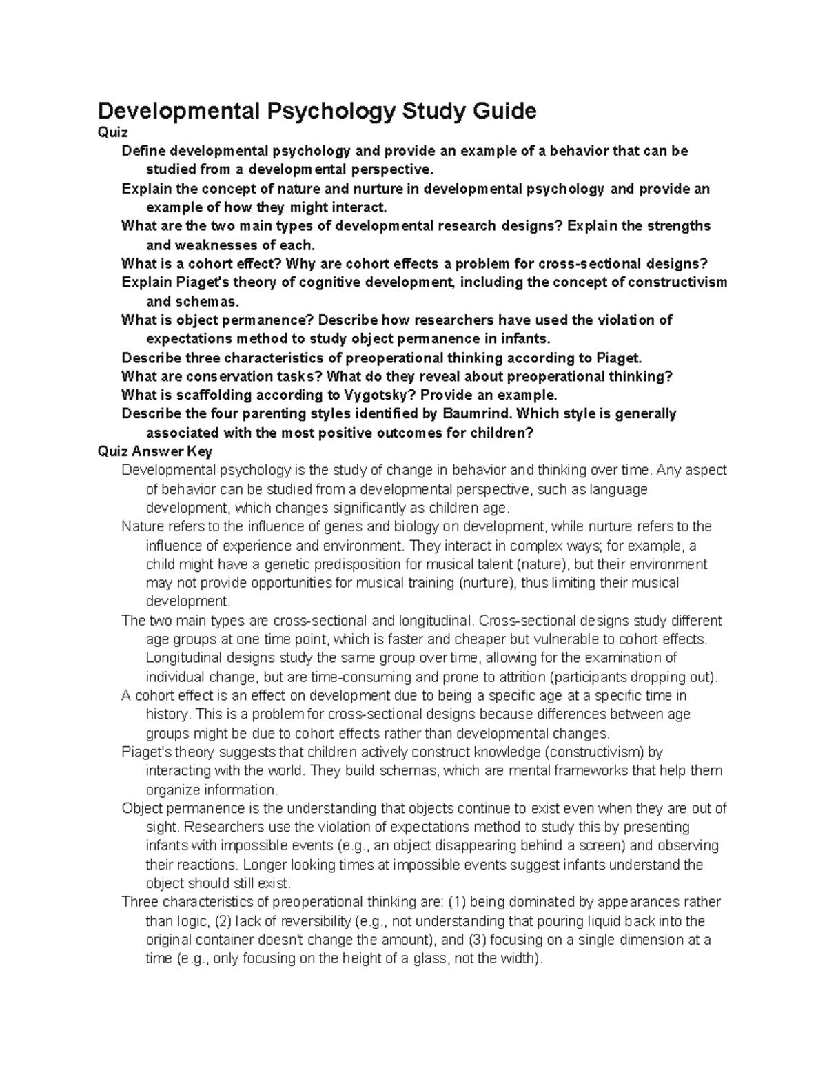 PSYC 100 Ch 11 Developmental Psychology Study Guide Quiz - Studocu