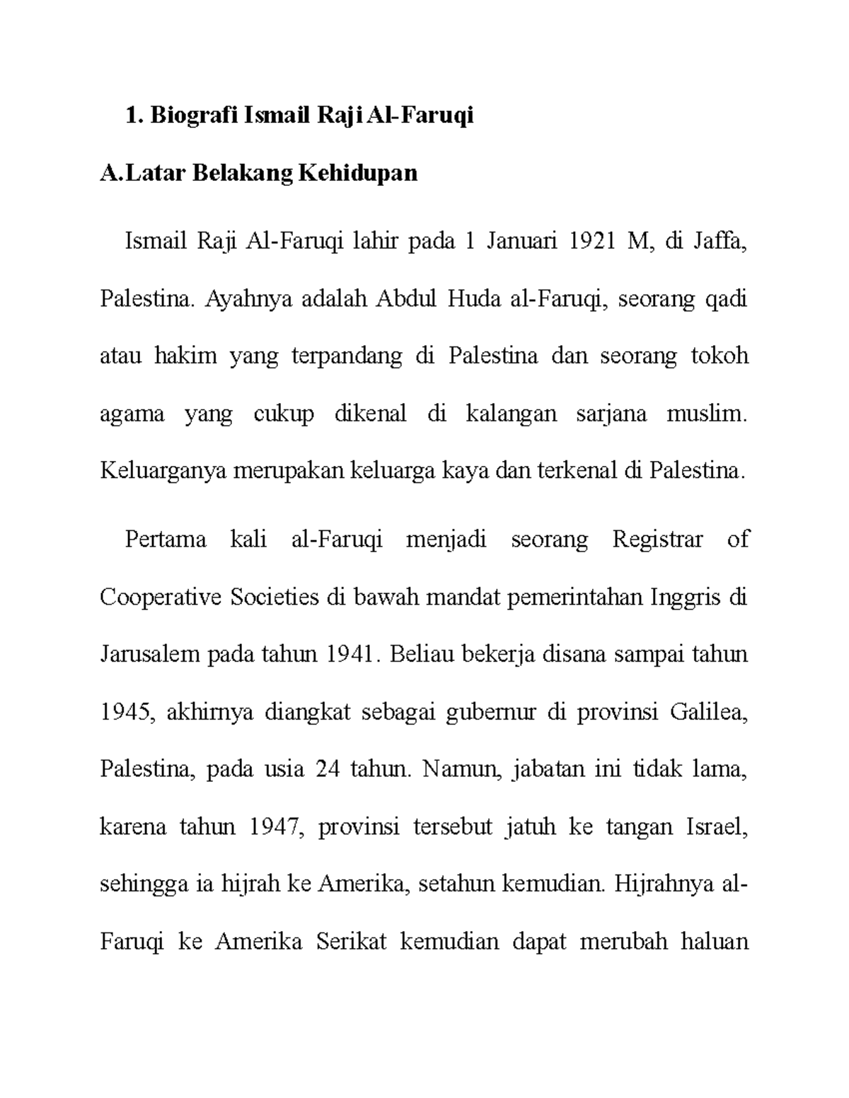 Biografi Ismail Raji Al-Faruqi: Kehidupan dan Kontribusinya - Studocu