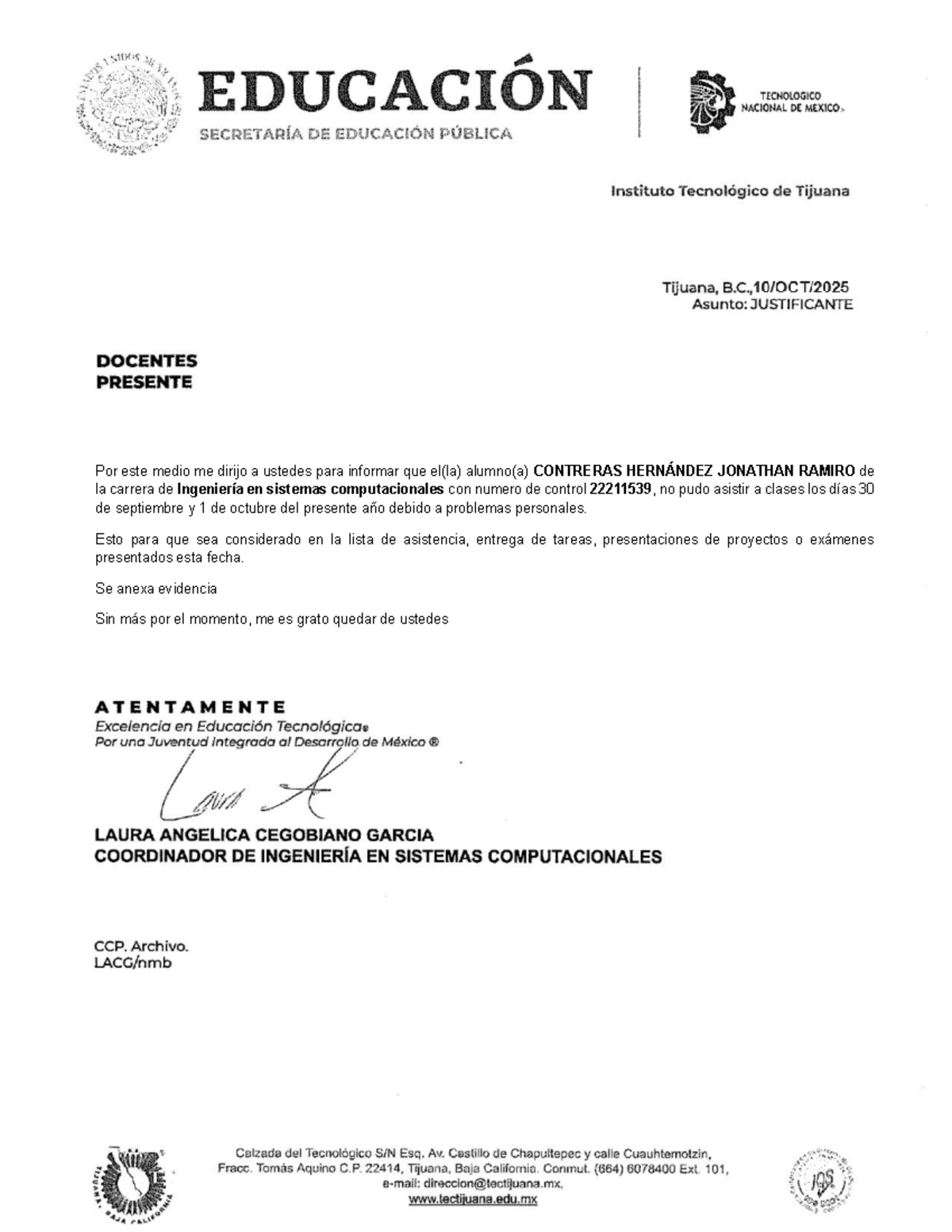 Justificante tec editable v4 - Por este medio me dirijo a ustedes para ...
