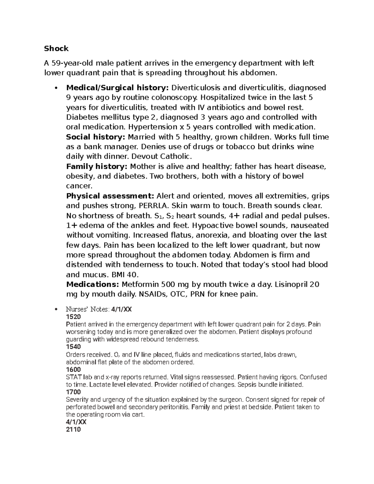 Shock - Case Study of a Male Patient with Septicemia and Peritonitis ...