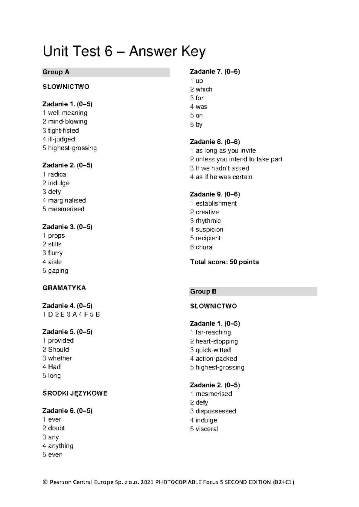 Focus 5 2E Unit Test 6 Answer Key for Groups A & B - Studocu