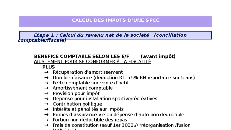 Calcul des Impôts SPCC : Étapes pour le Revenu Net et Imposable - Studocu