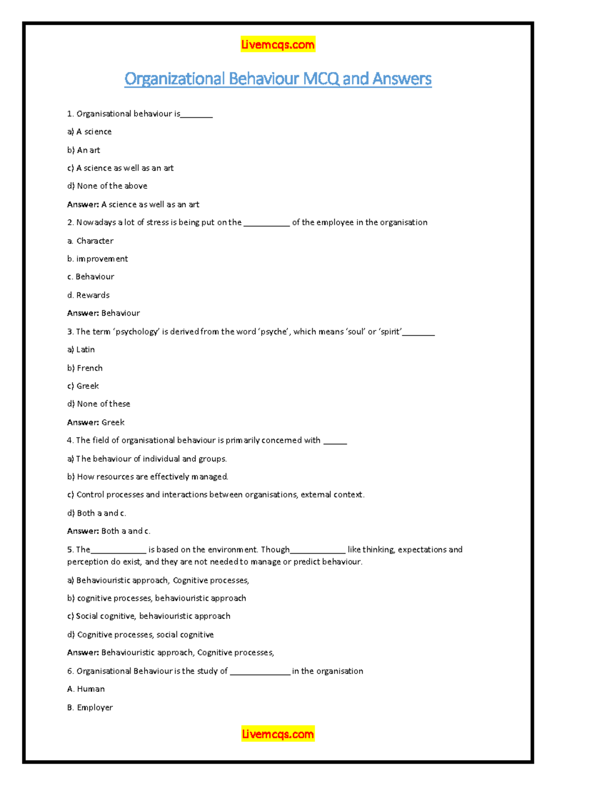 Organisational Behaviour MCQs: Study Guide and Answers PDF - Studocu