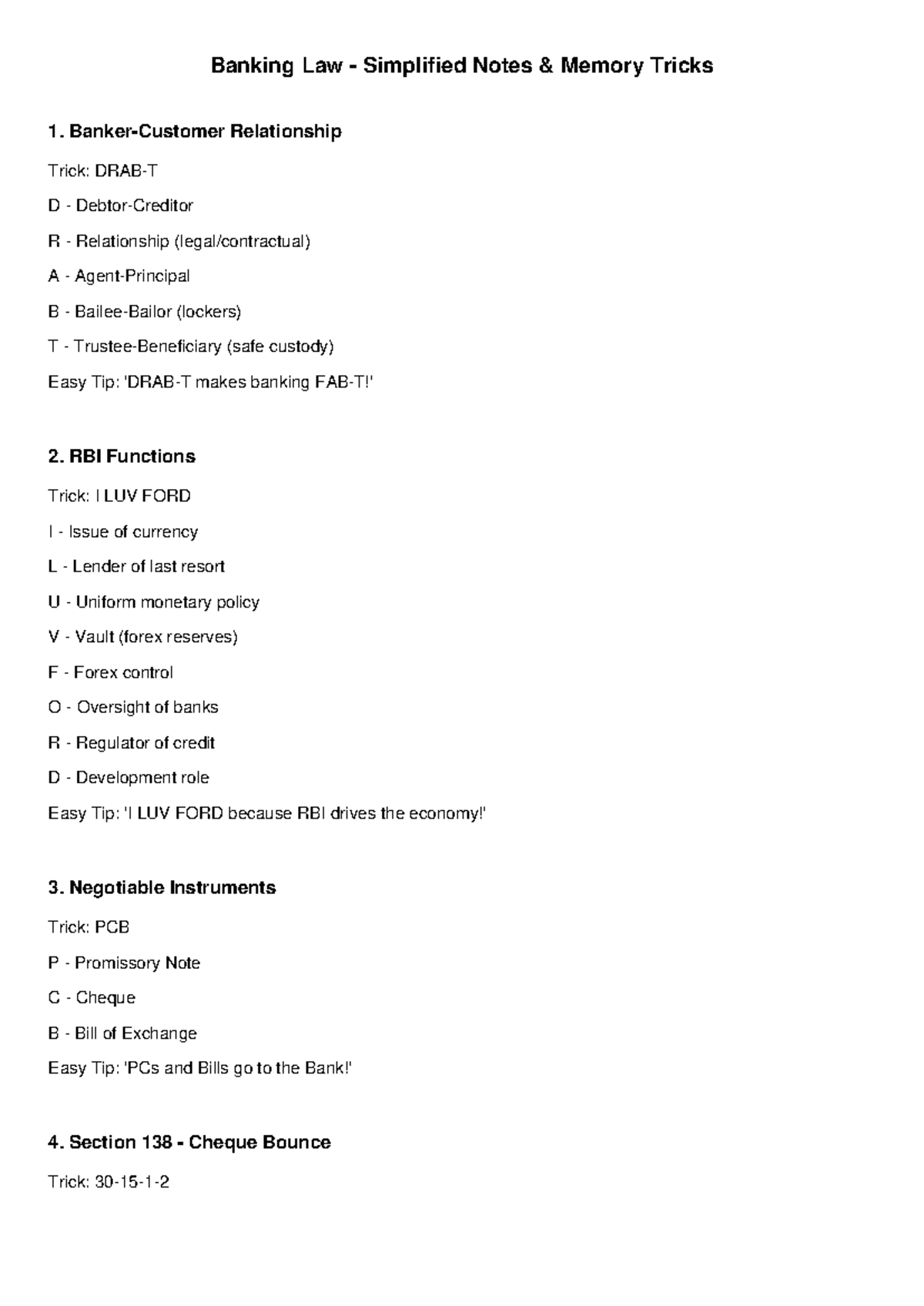 Banking Law Simplified Notes: Memory Tricks & Key Concepts - Studocu