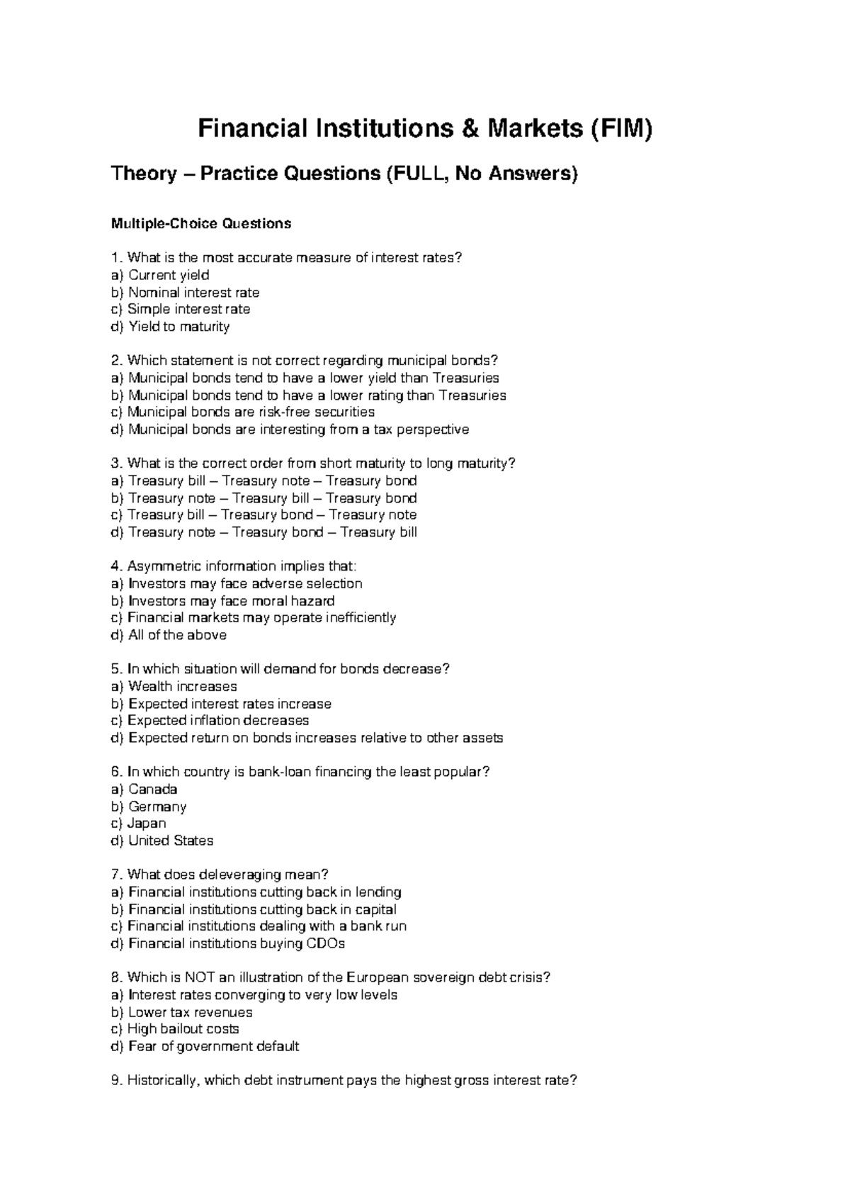 FIM Theory Practice Questions (FULL, No Answers) - Studocu