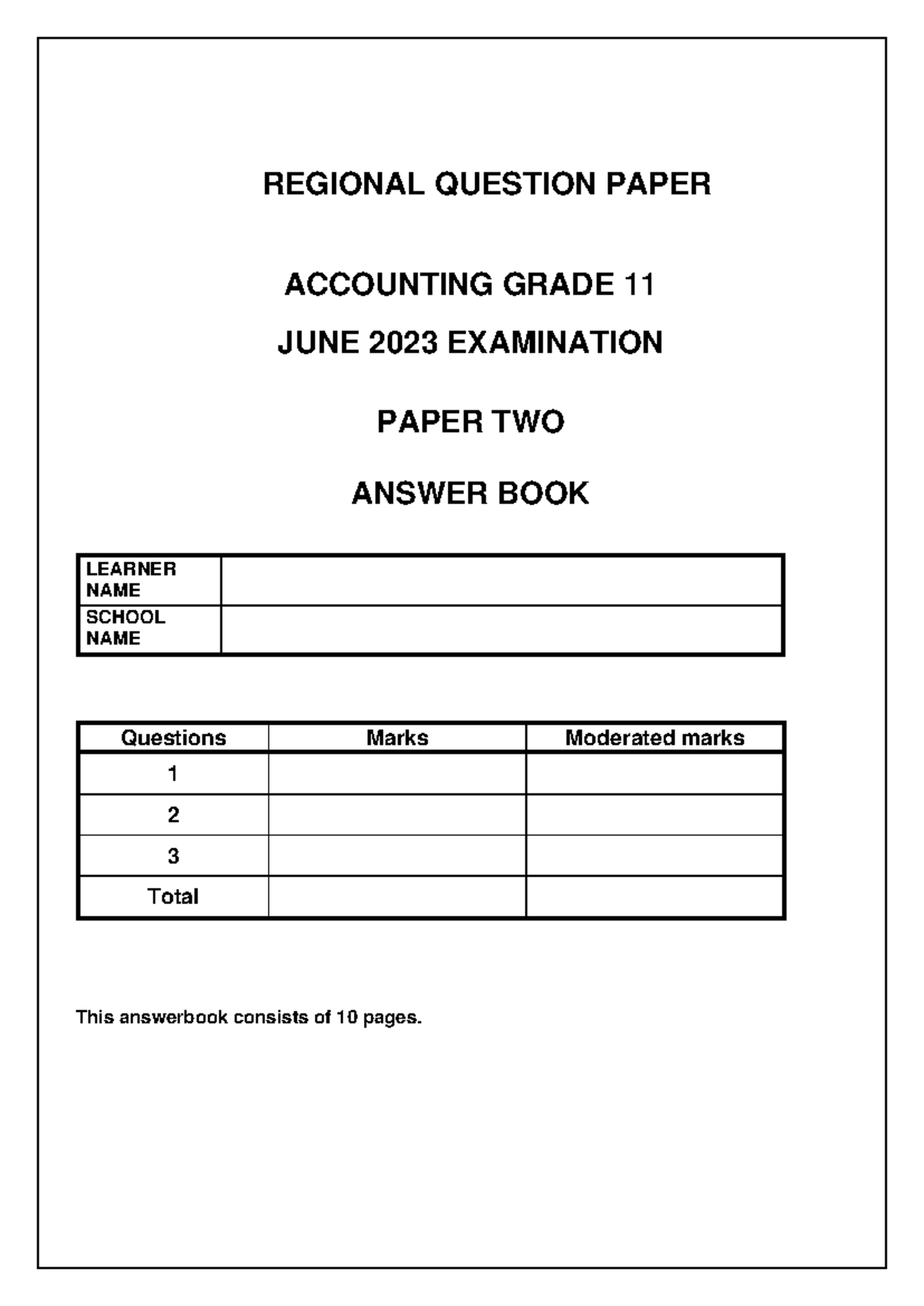 2023 Accounting Grade 11 June Exam Paper 2 Answer Booklet - Studocu