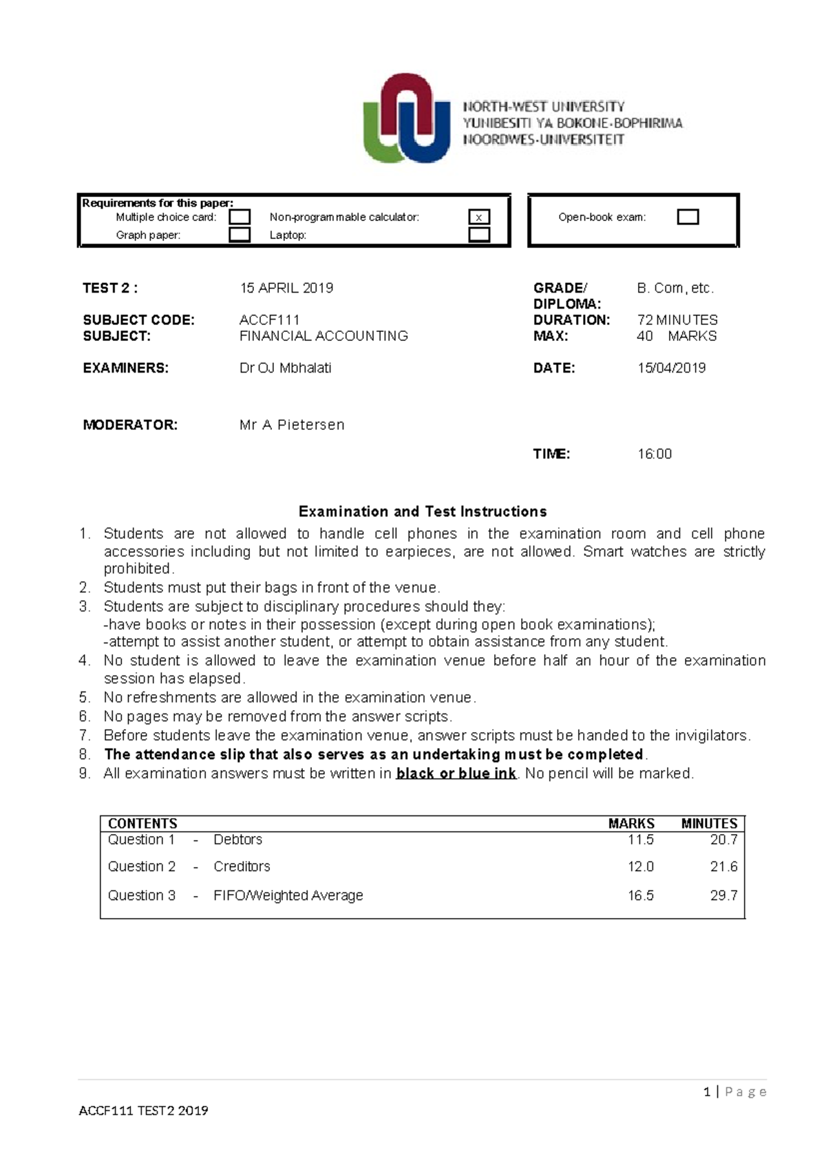 2019 ACCF 111 Test 2: Financial Accounting Exam Instructions and ...