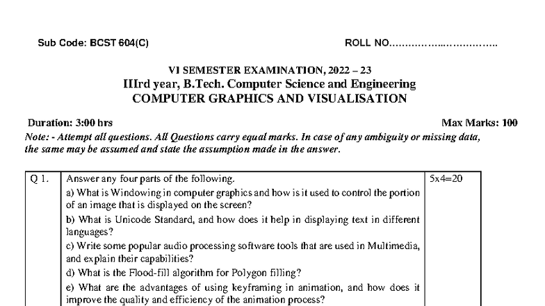 Sub Code: BCST 604(C) B.Tech Final Exam Notes on Computer Graphics ...