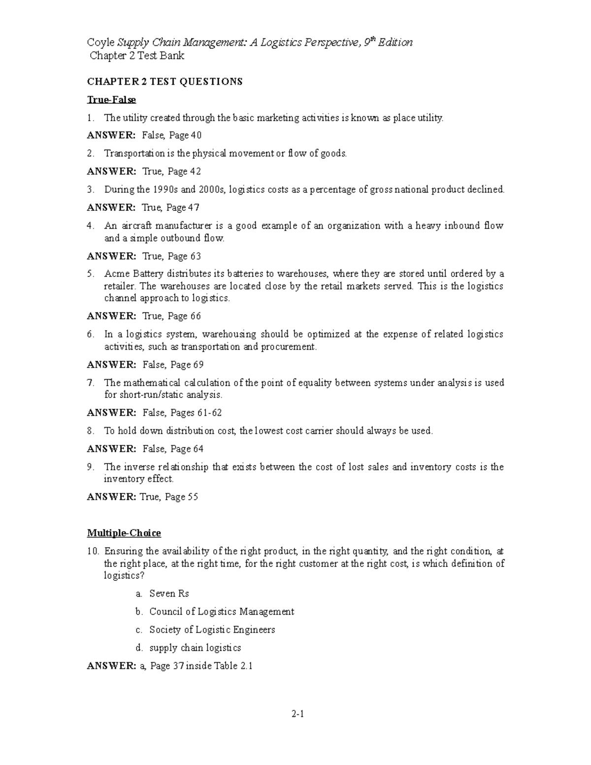 Supply Chain Management Test Bank: Chapter 2 Questions and Answers ...