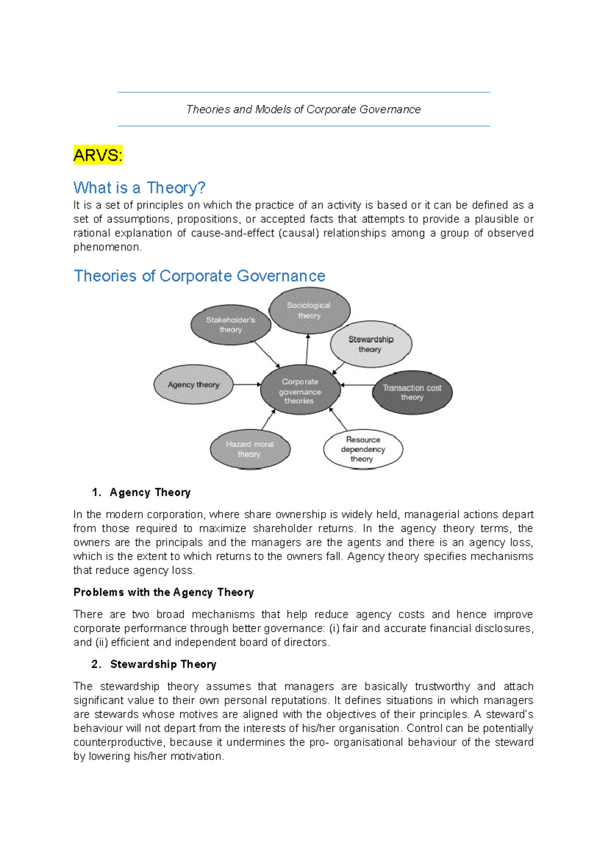 Corporate Governance Theories and Models - Week 3 Report - ENJOY - Studocu