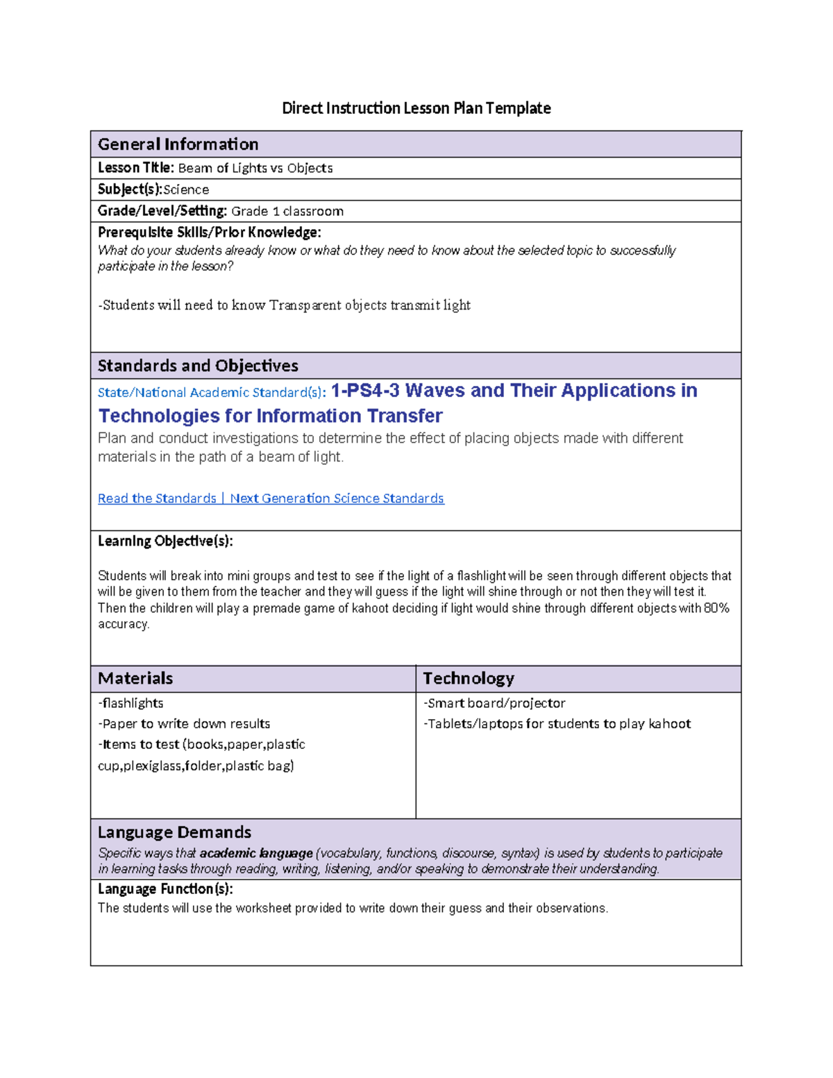 C108 Elementary Science Methods - Direct Instruction Lesson Plan ...