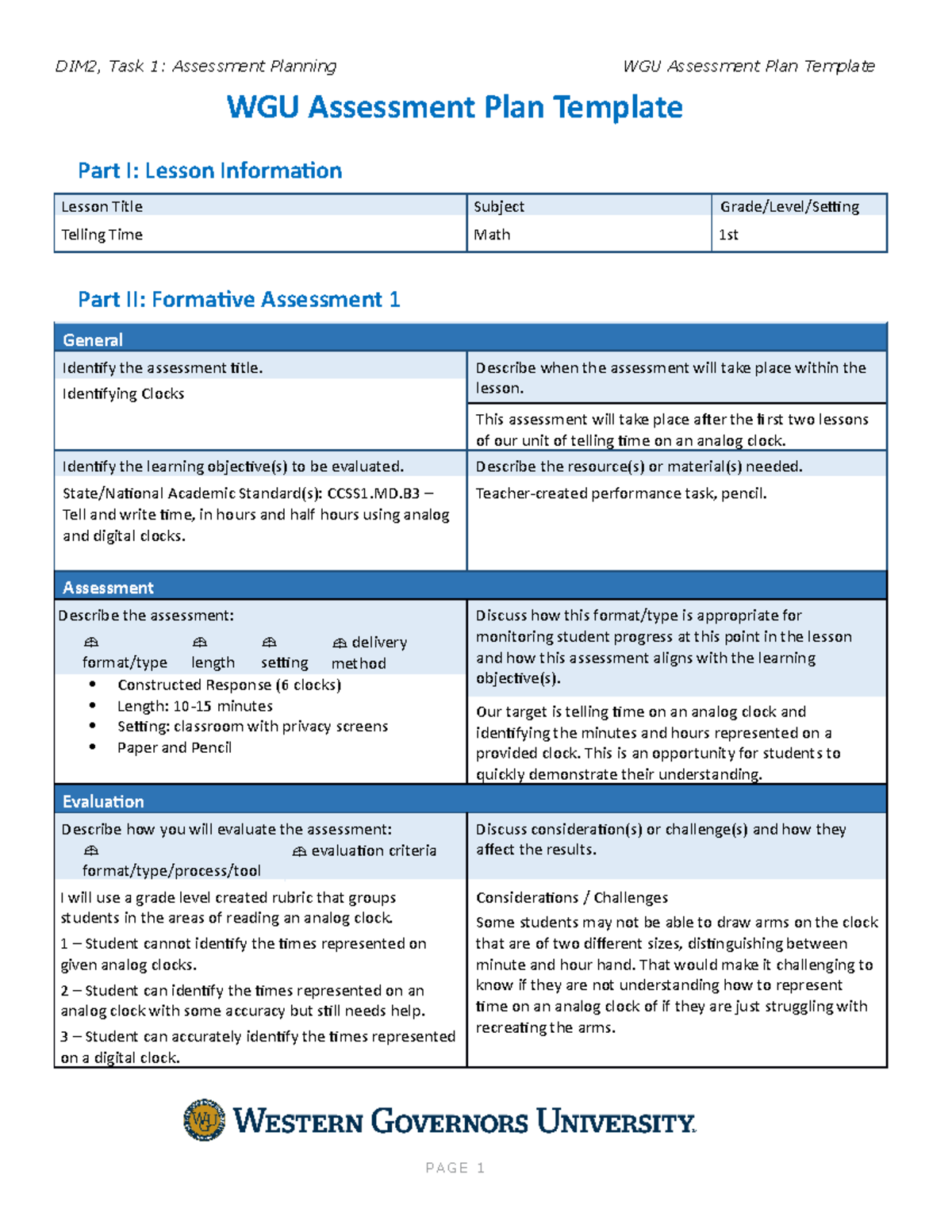 Telling Time Lesson Plan (1st Grade) with Assessments & Differentiation ...