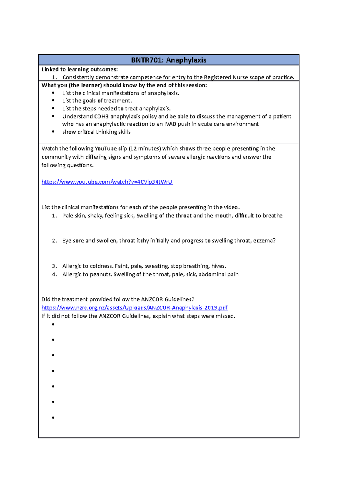 BNTR701: Anaphylaxis Self-Directed Learning Worksheet - Studocu