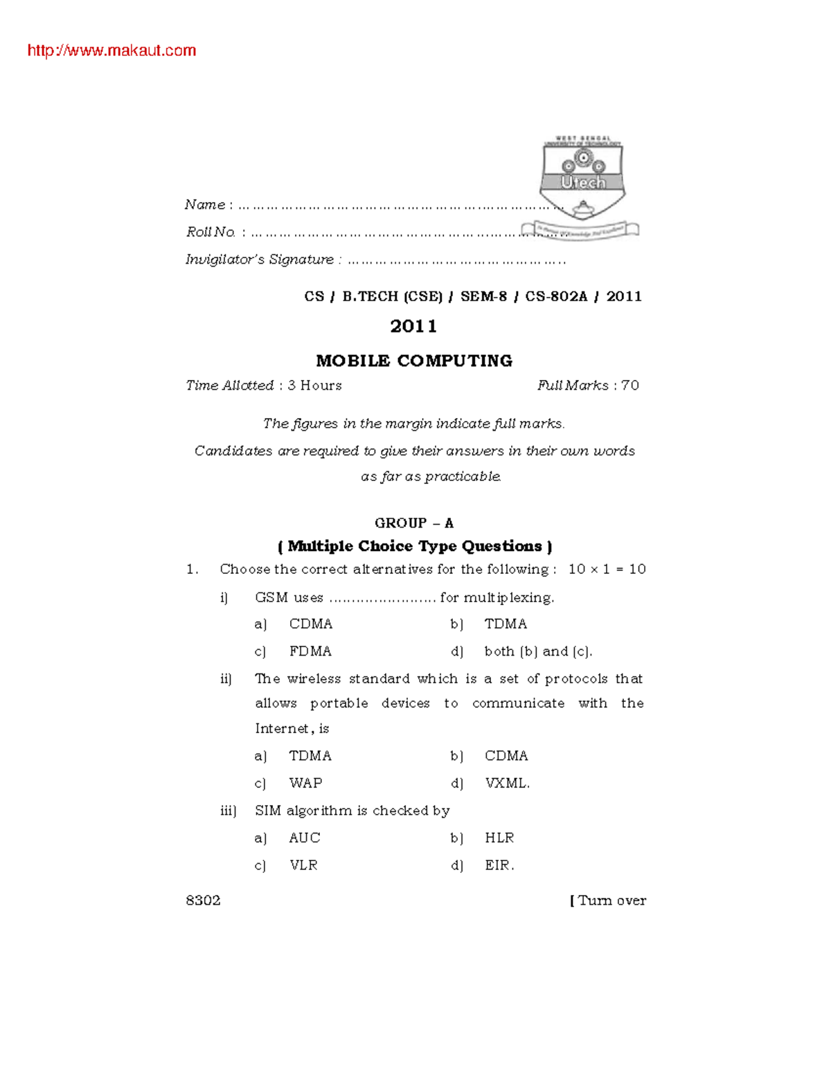 CS B.TECH (CSE) 2011 Mobile Computing Final Exam Questions and Answers ...