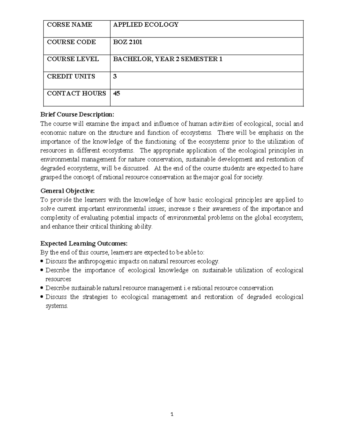 BOZ 2101 Applied Ecology Coursework Group Assignments - Studocu
