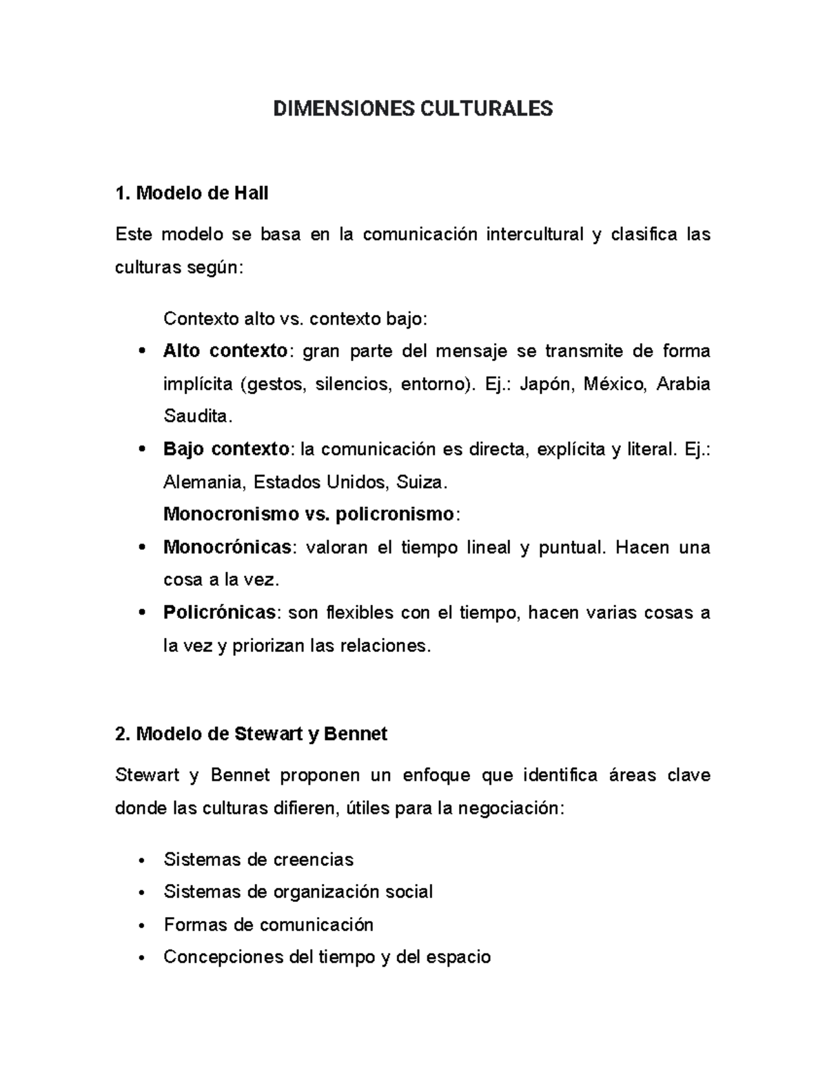 DIMENSIONES CULTURALES 1: Modelos de Hall y Stewart-Bennet - Studocu