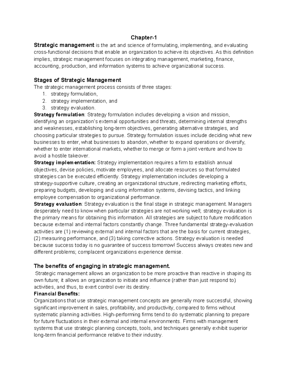 Strategic management note - Chapter- Strategic management is the art ...