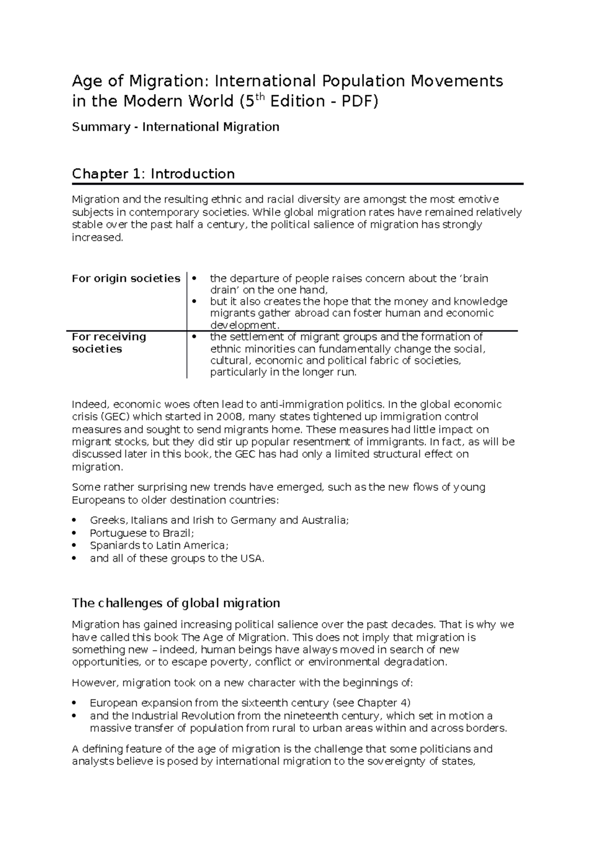 Chapter 1 Summary - International Migration in the Age of Migration ...