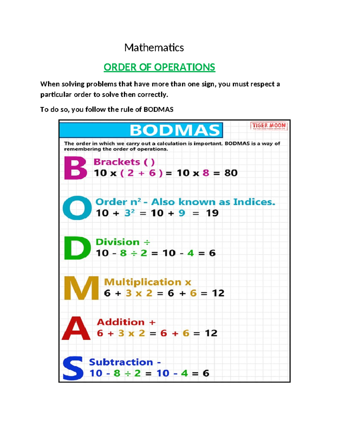 Lesson ON Order OF Operations - Mathematics ORDER OF OPERATIONS When ...