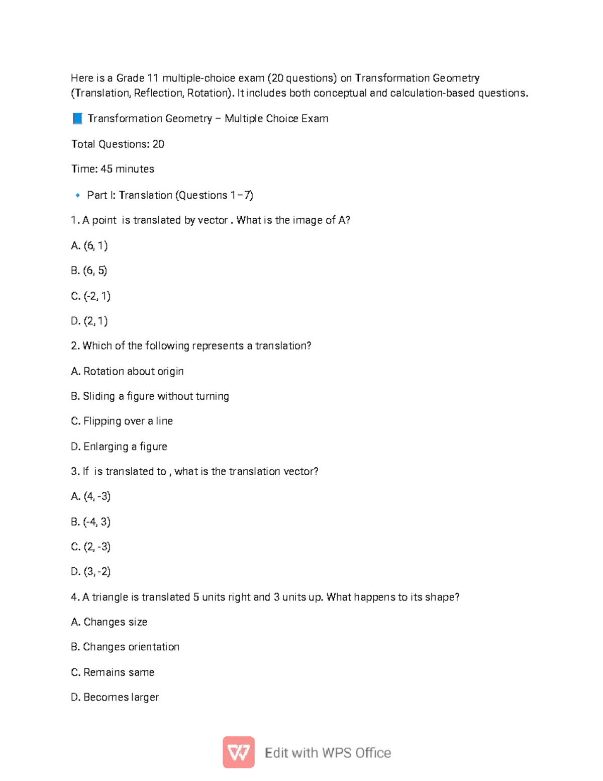 Grade 11 Transformation Geometry Exam (20 Questions) - Studocu