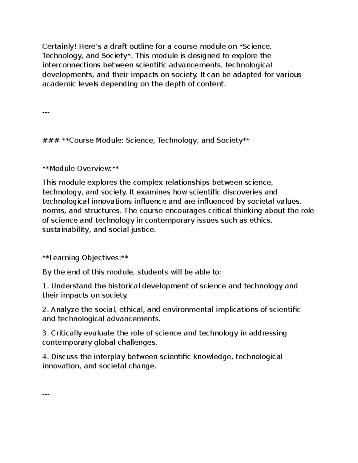 STS Course Module on Science, Technology, and Society Overview - Studocu
