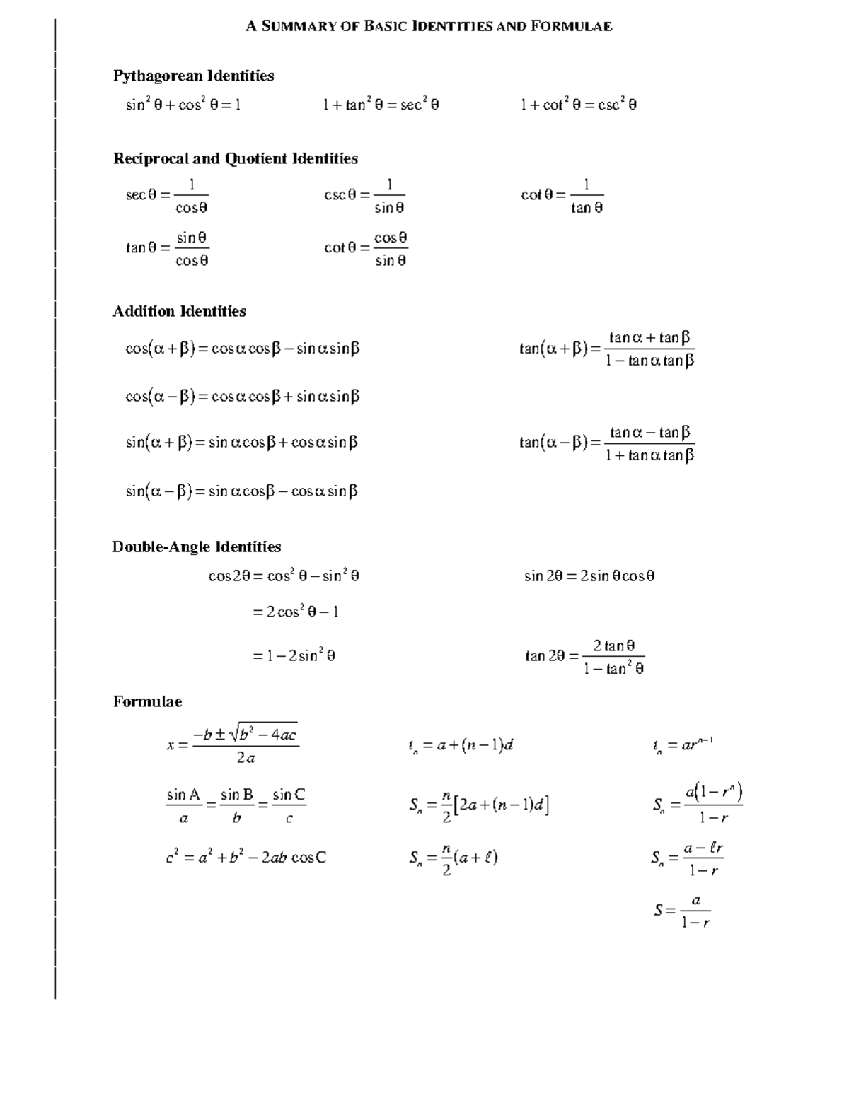 Pre-calculus 12: Summary of Basic Identities & Formulae - Studocu