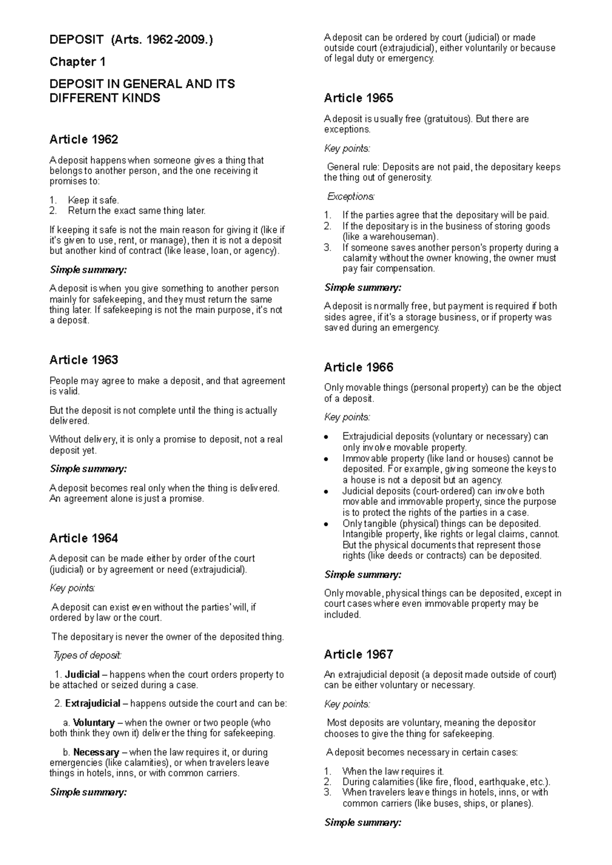 Deposit Overview: Articles 1962-2009 on Types and Obligations - Studocu