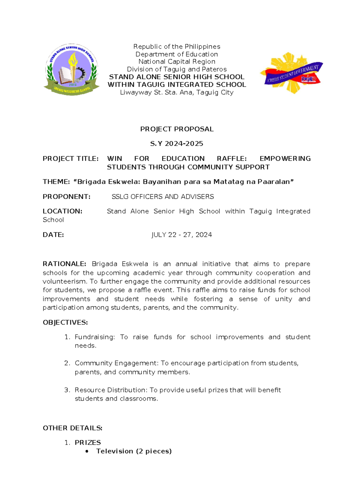 SSLG Assignment: Project Proposal for Win for Education Raffle - Studocu