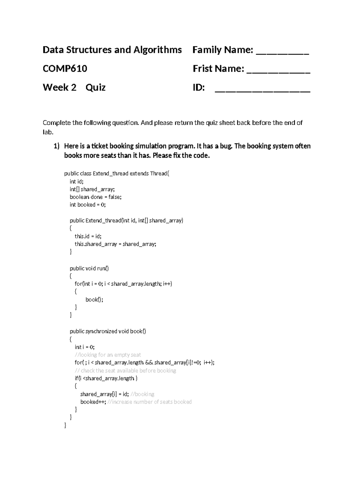 AUT 2024 COMP610 Data Structures & Algorithms Lab Week 2 Quiz - Studocu