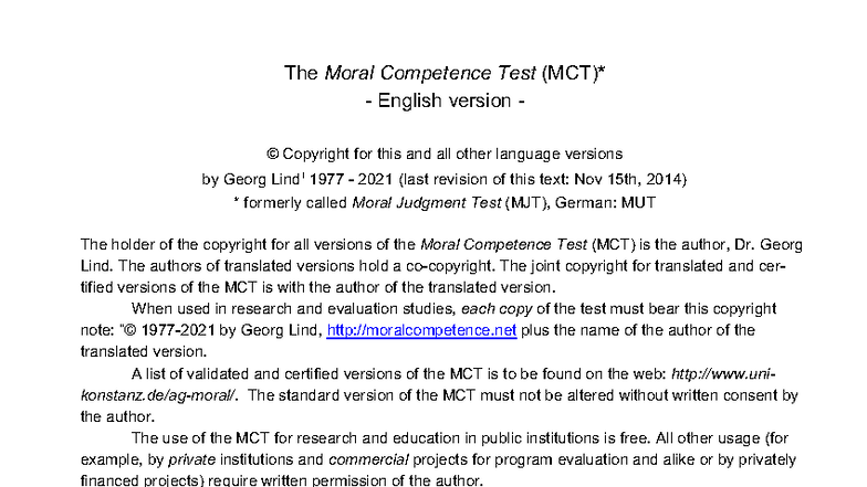 MCT eng9 revised (c) 2021 Lind - The Moral Competence Test (MCT ...