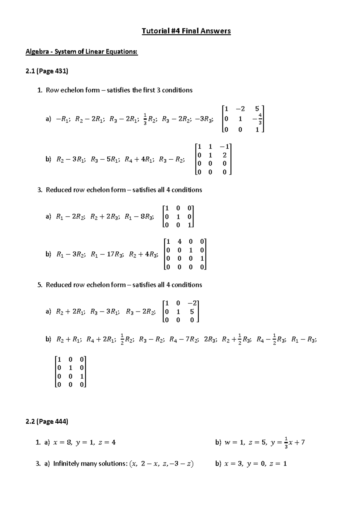Tutorial 4 Final Answers: Algebra Systems of Linear Equations - Studocu