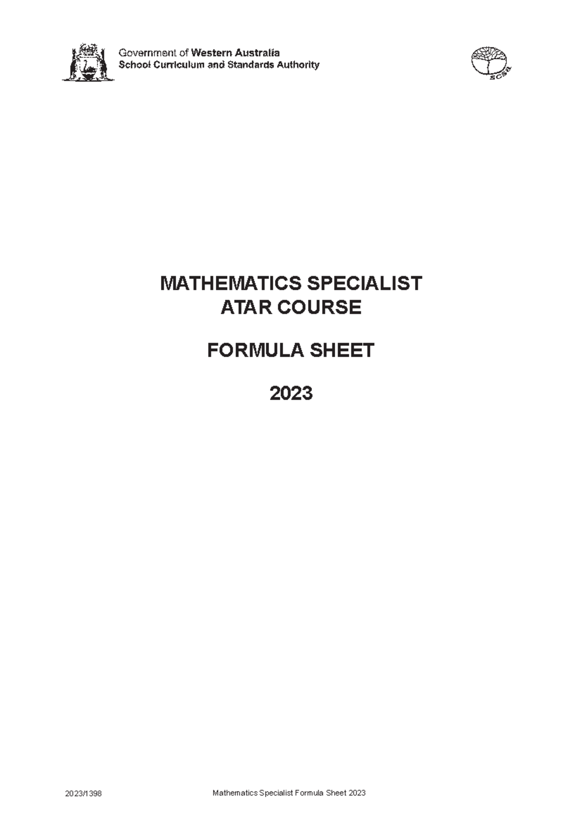 2023 MAS Mathematics Specialist Formula Sheet for ATAR Course - Studocu