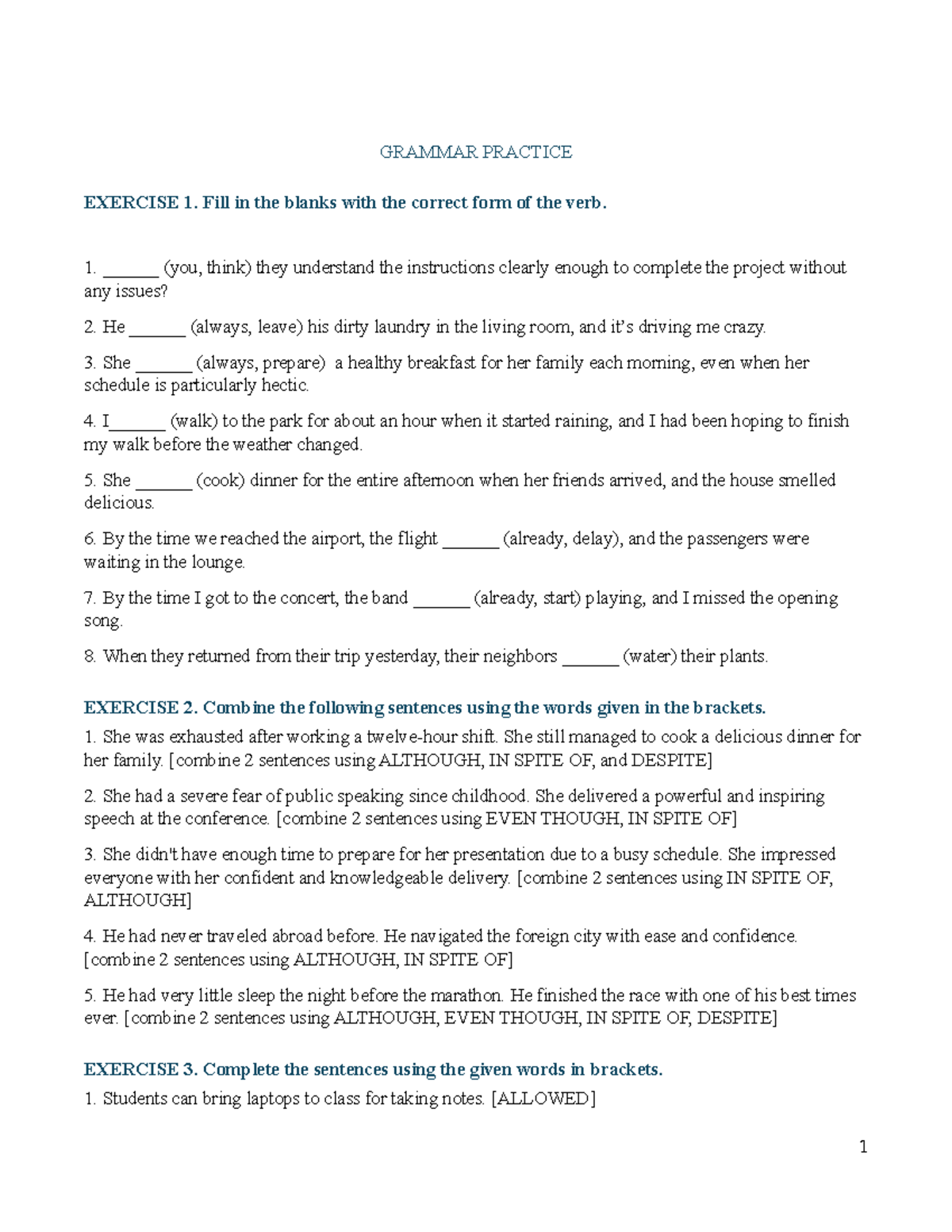 ENG 101 - Grammar Practice Exercises and Subject-Verb Agreement - Studocu