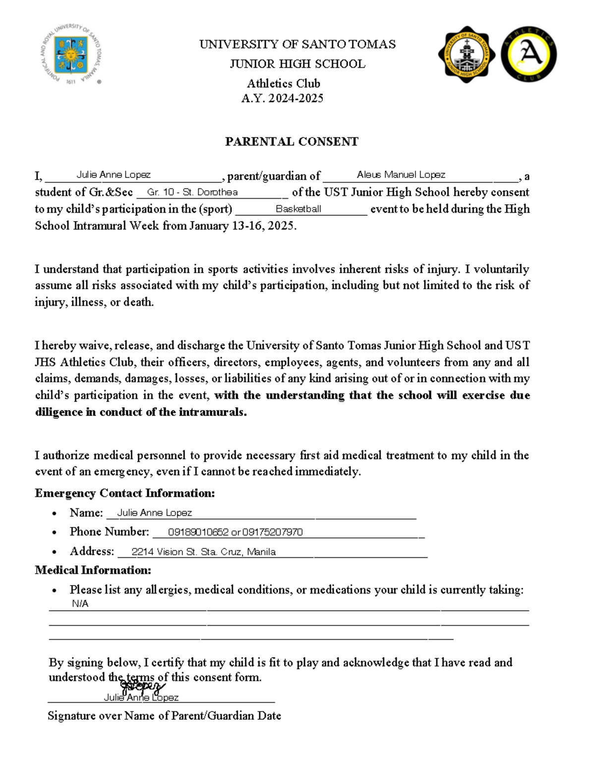 AC 20 Parental Consent Form for Sports Participation 2024-2025 - Studocu
