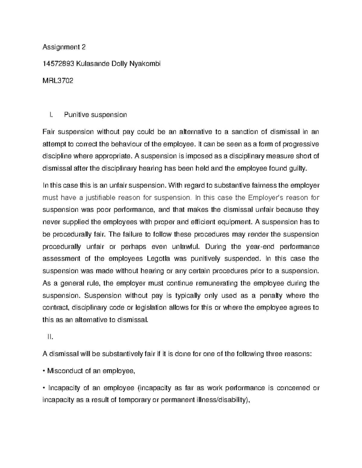 Assignment 2 MRL3702: Analysis of Unfair Suspension and Dismissal - Studocu