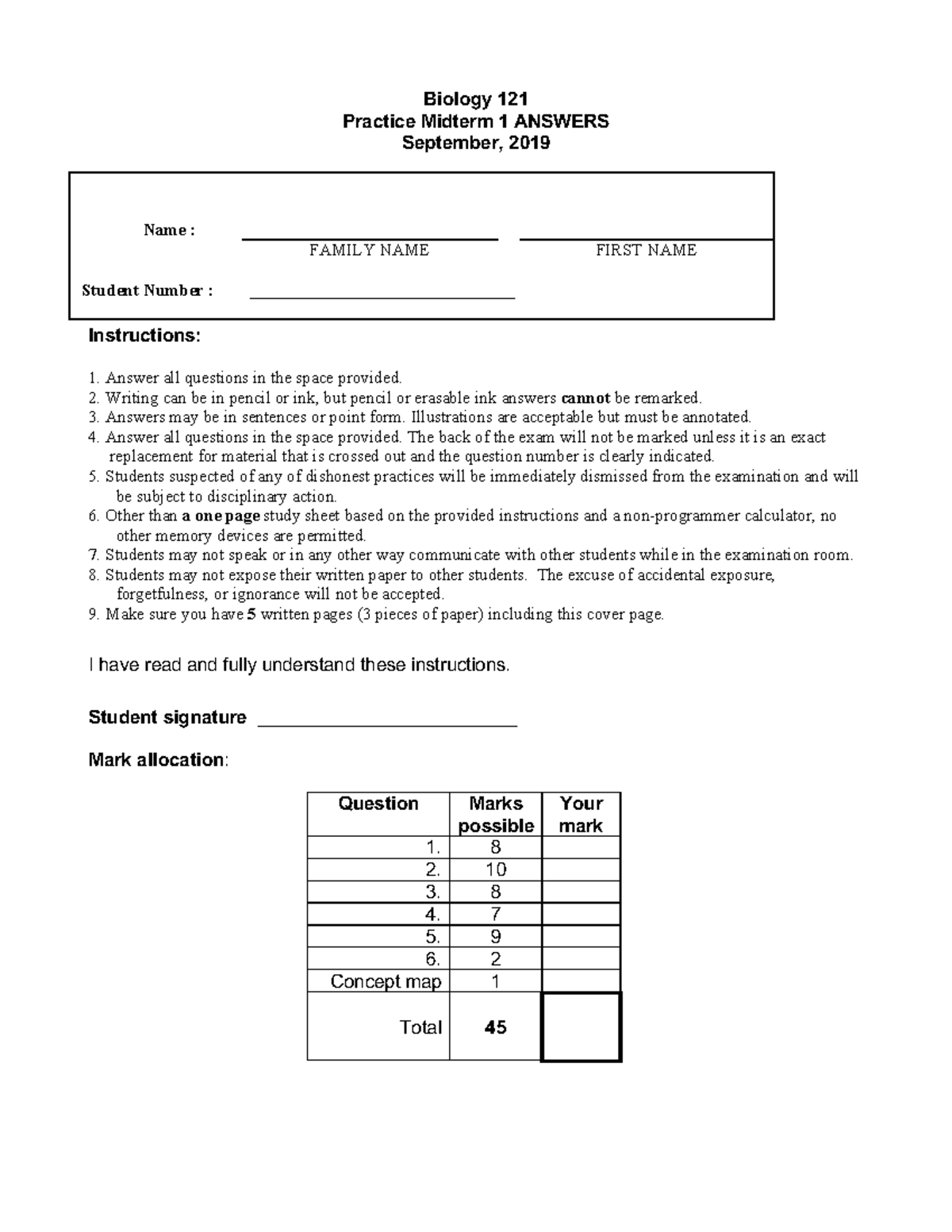 Biology 121 Midterm 1 Practice Questions with Answers (Sept 2019) - Studocu