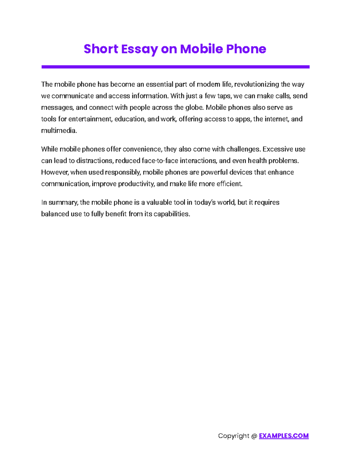 Short Essay on Mobile Phones: Impact and Challenges - Studocu