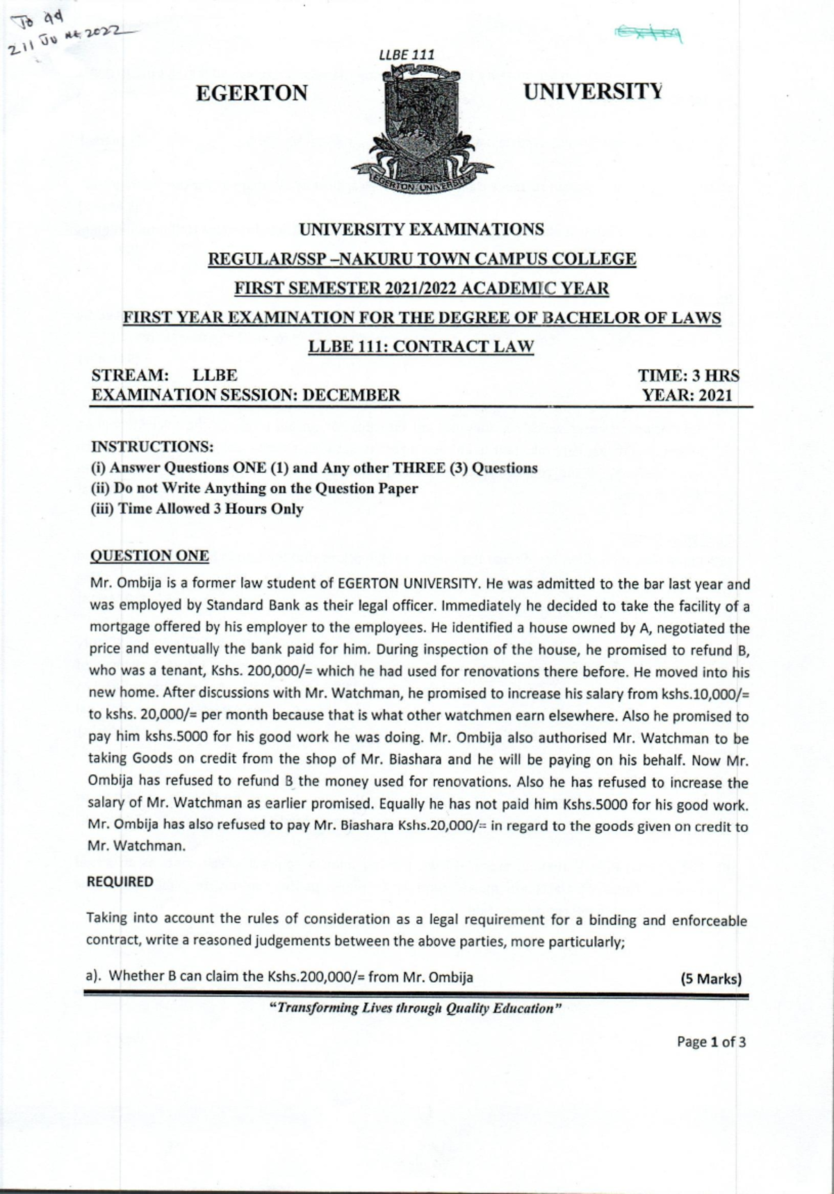 LLBE 211 Contract Law Final Exam Analysis And Judgement Studocu