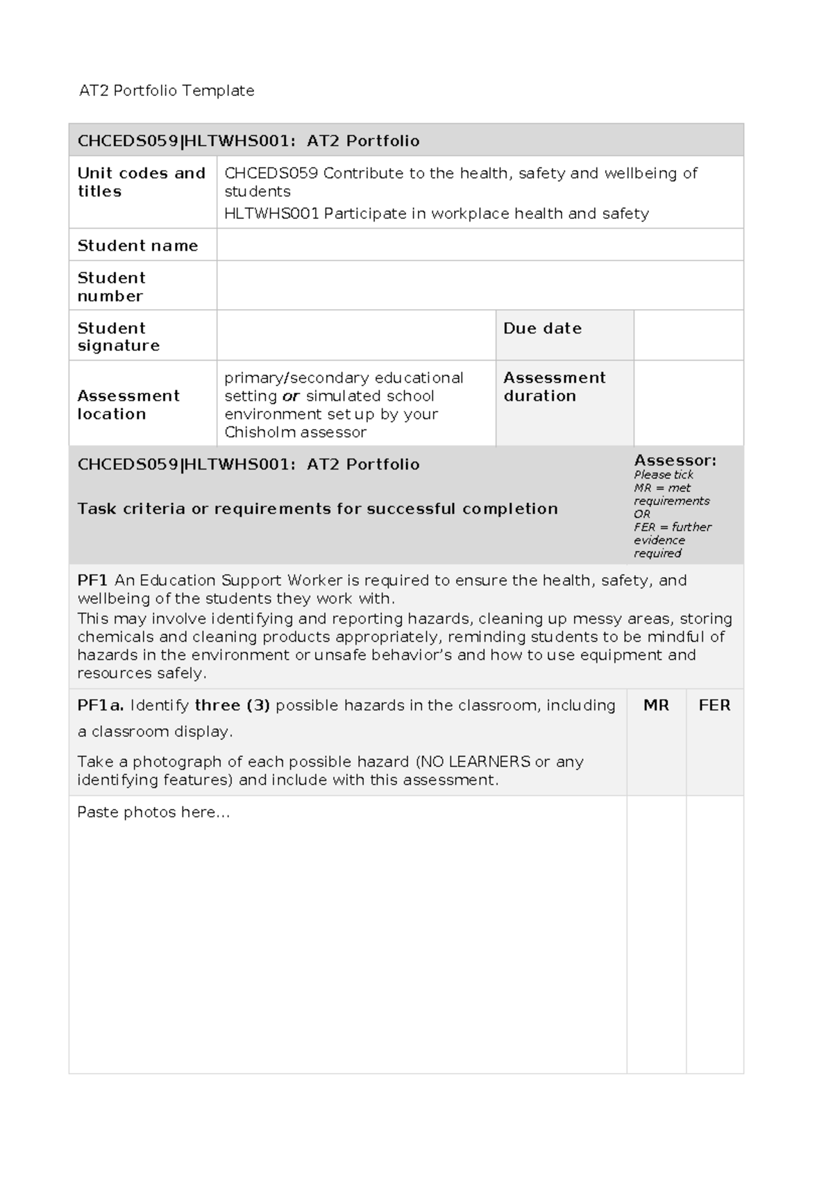 CHCEDS059|HLTWHS001: AT2 Portfolio for Health & Safety Assessment - Studocu