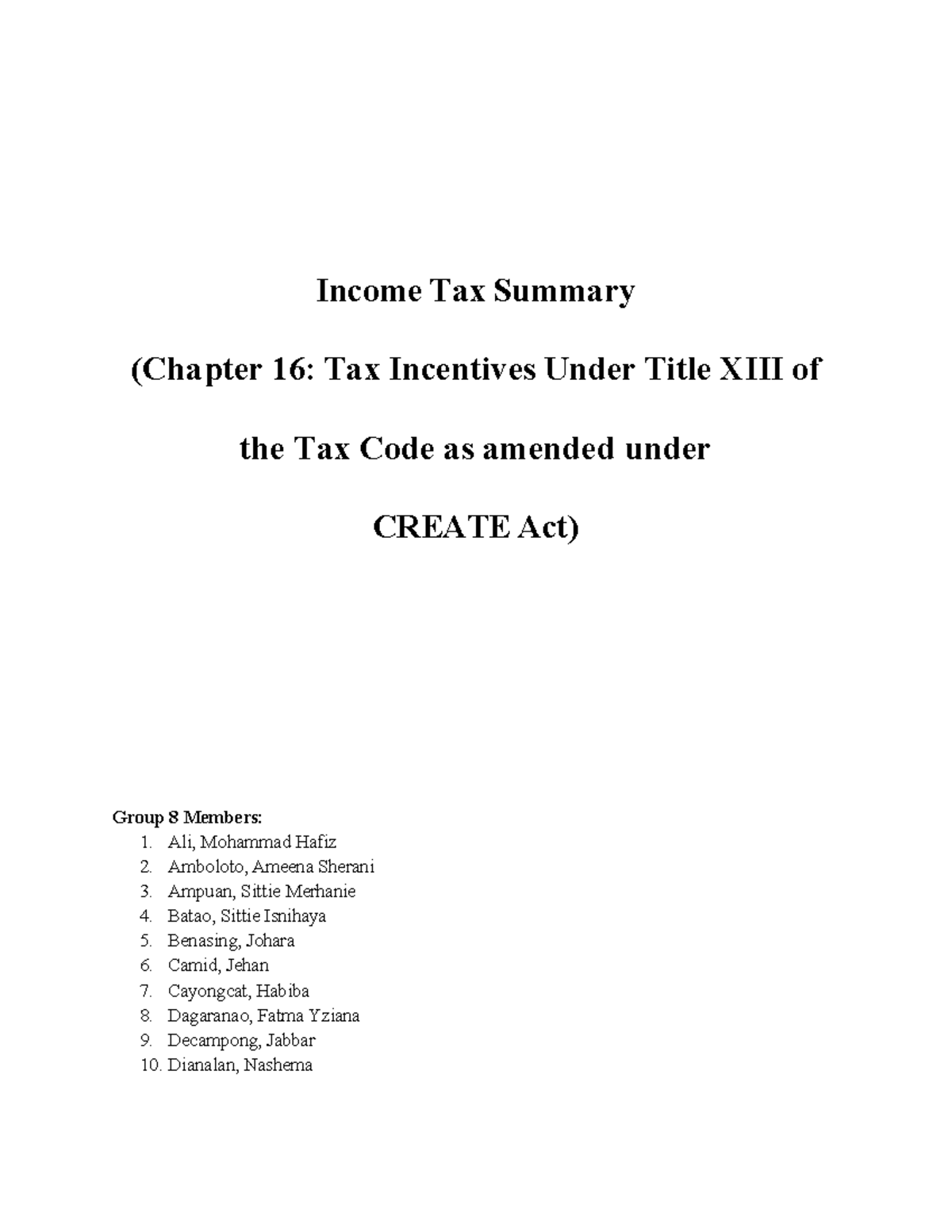 Income Tax Summary (Chapter 16: Tax Incentives under CREATE Act) - Studocu