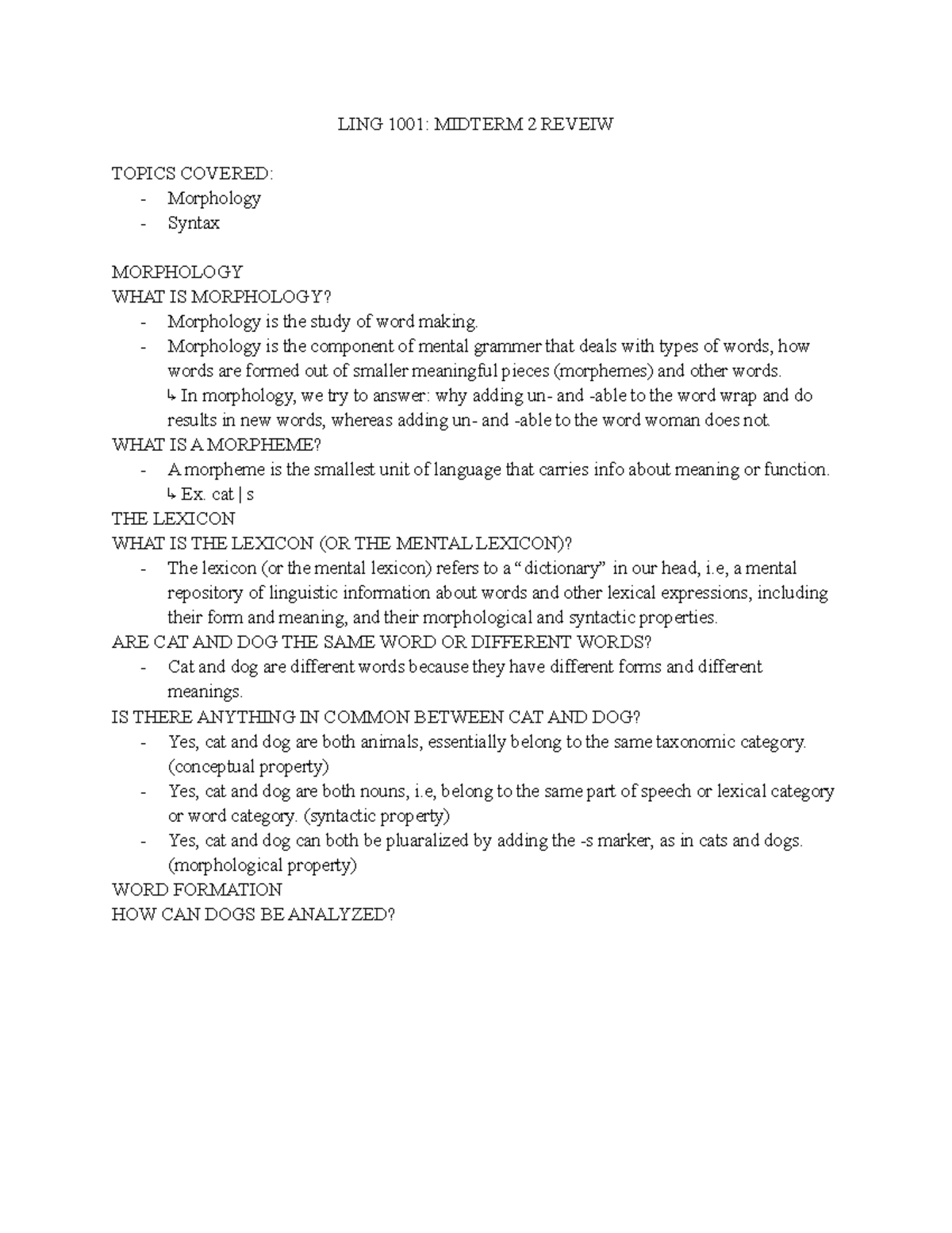 LING 1001 Midterm 2 Study Guide: Morphology & Syntax Key Concepts - Studocu