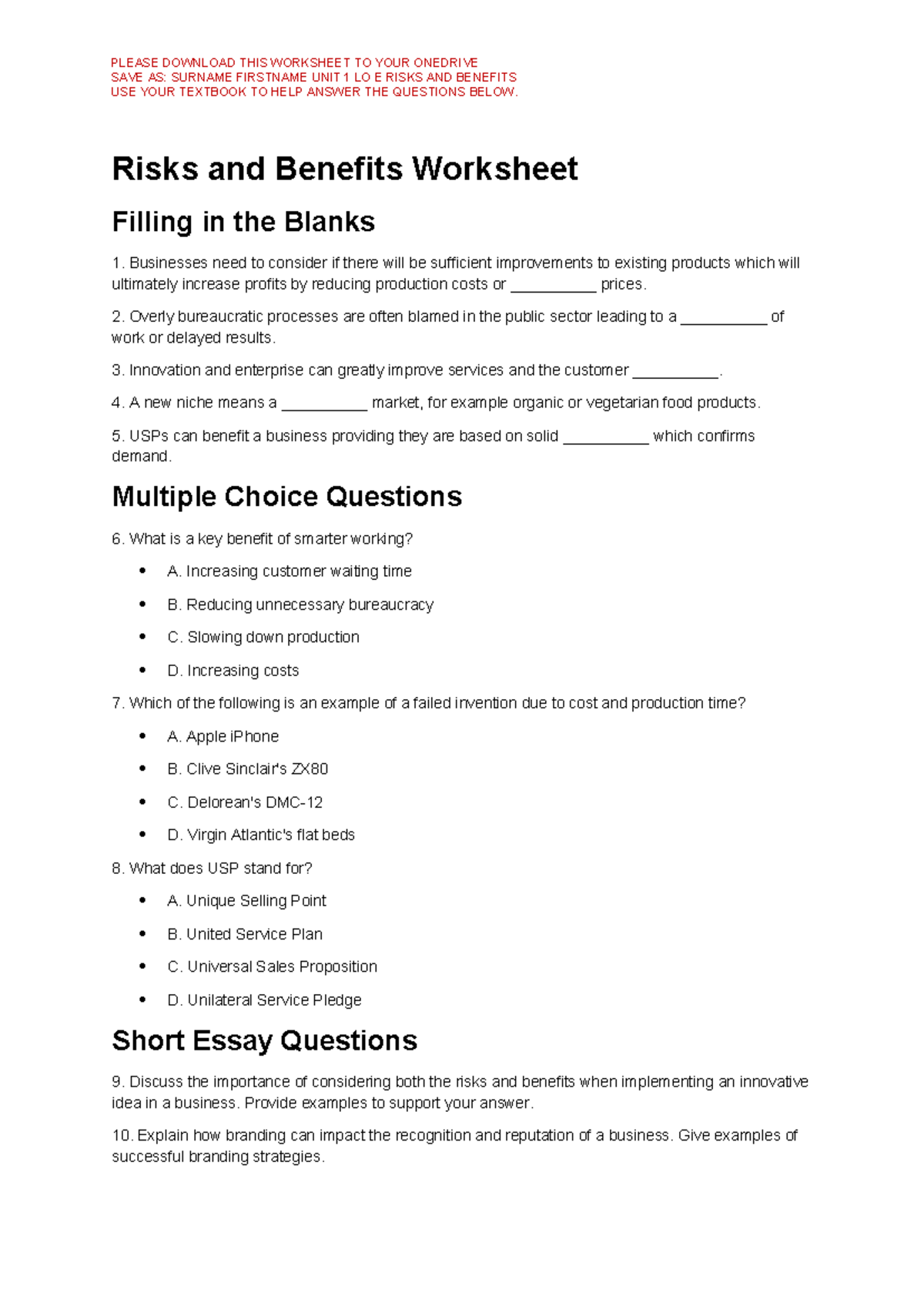 LO E Risks and Benefits Worksheet - Questions and Insights - Studocu