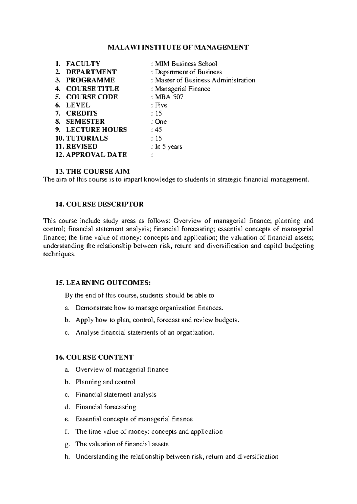 MBA 507: Managerial Finance - Lecture Notes Overview - Studocu