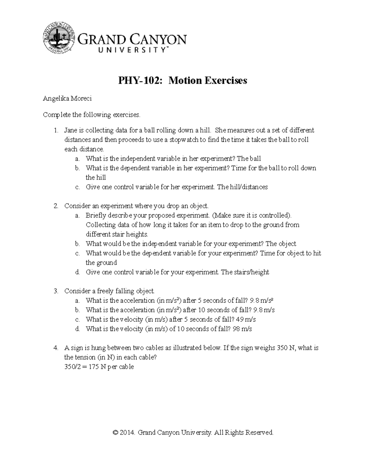 PHY 102 RS Motion Exercises - Motion Exercises Angelika Moreci Complete ...