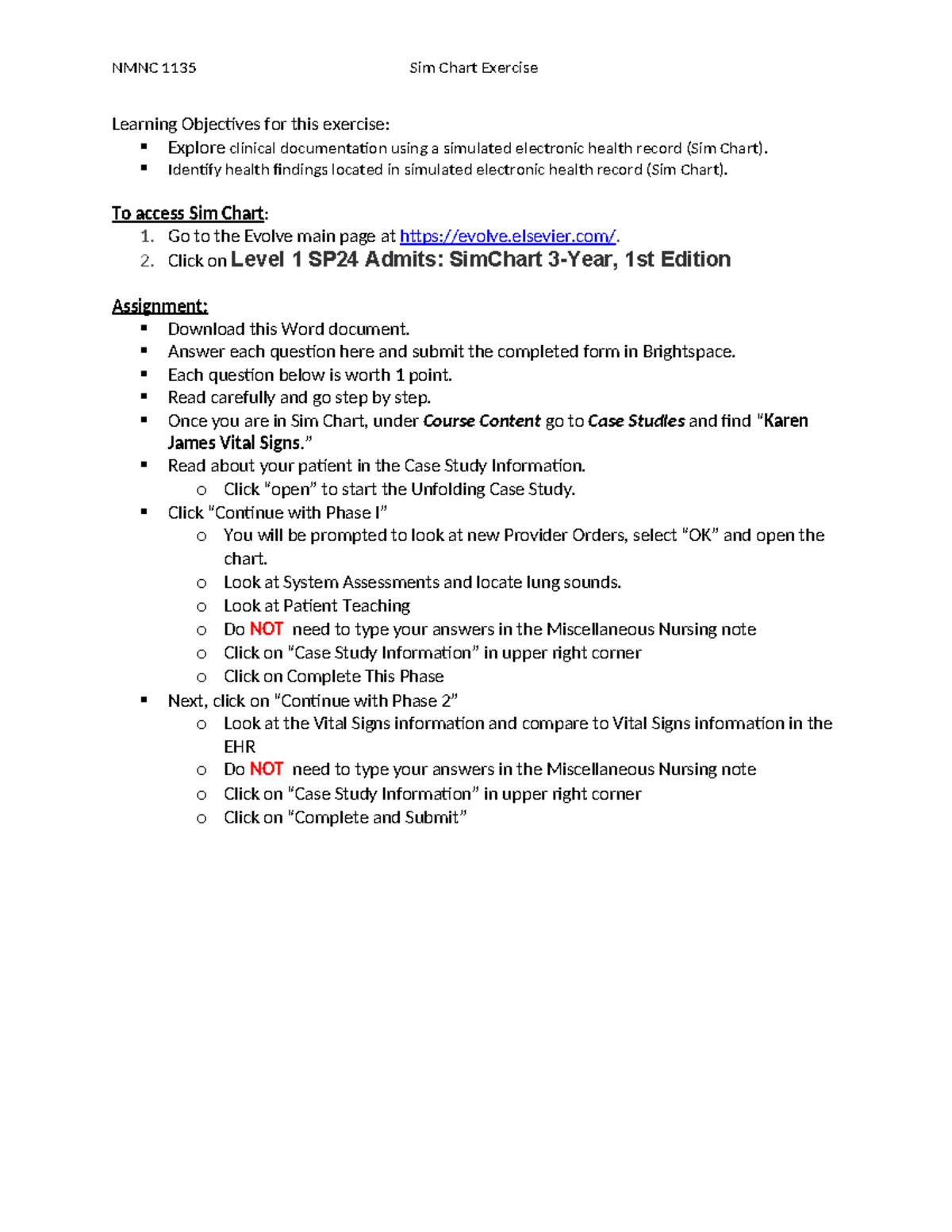 NMNC 1135 Sim Chart Exercise: Spring 2024 Guidelines - Studocu