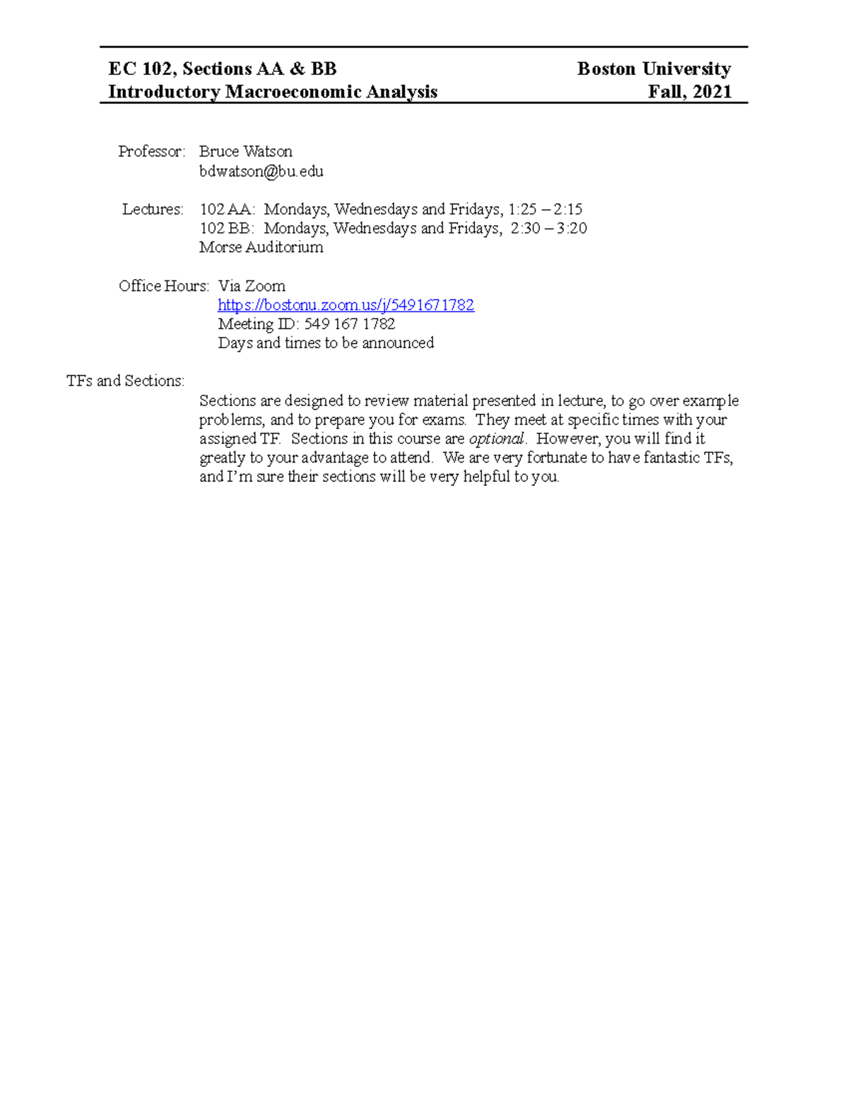 EC 102 AA & BB, Fall 2021 - Introductory Macroeconomics Syllabus - Studocu