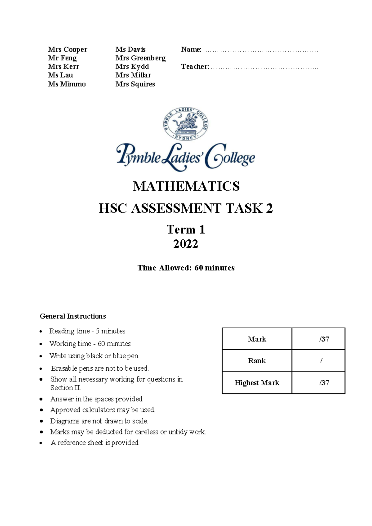 Pymble 2022 2U CT2 - Mathematics HSC Assessment Task 2 - Studocu