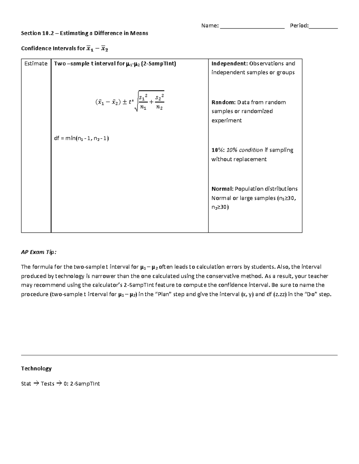 Confidence intervals for mean differences in AP Statistics (Section 10. ...